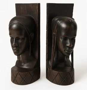 Fermalibri arte testa africana vintage nero ebano legno intagliato a mano 9 pollici - Foto 1 di 9