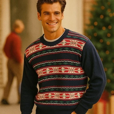 Weatherproof Vintage Men’s XL Fair Isle Cotton Sweater Navy Red Green Holiday - Image 1 of 4
