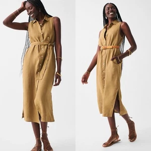 Vestido camisero Faherty Laguna de lino sin mangas minimalista con cinturón abotonado para mujer M - Imagen 1 de 12