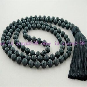  Black Lava Stone 108 Beads Handmade Tassel Necklace Religious Meditation