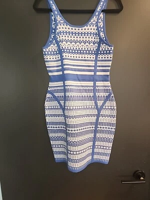 Vestido Arden B Talla Grande Azul Blanco Geométrico Bodycon Elastizado Apretado Mini Foto 1 de 4