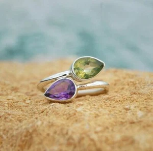 Natural Amethyst and Peridot Ring in 925 Sterling Silver , Beautiful Gift Ring - Picture 1 of 10