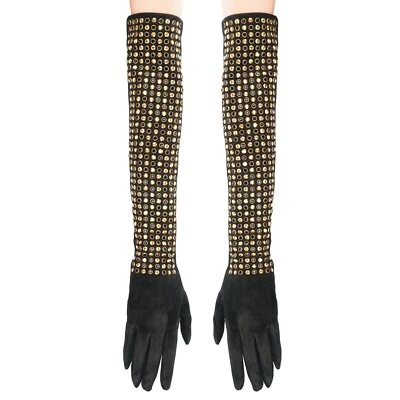 Philipp Plein Cristal Remaches Piel de Ante Guantes de Cuero Negro Largo Oro 6 - Imagen 1 de 4