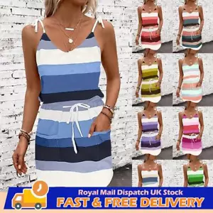 Womens Sleeveless Summer Mini Dress Ladies Strappy V Neck Stripe Casual Sundress - Picture 1 of 20