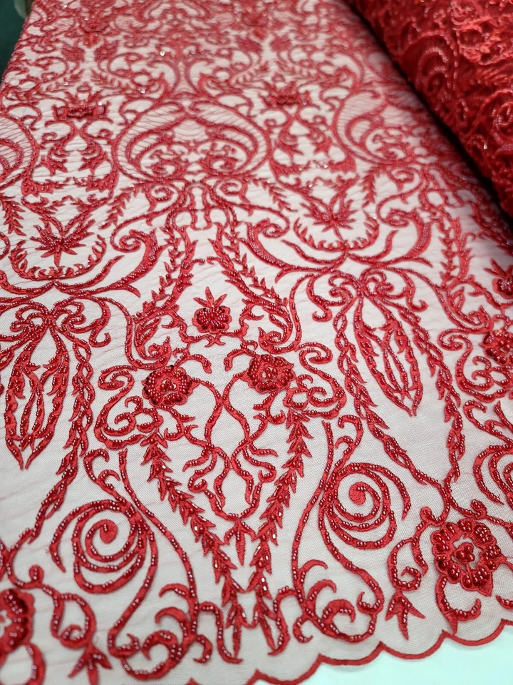 Red Beaded Lace Embroidery Fabric By The Damask Pattern Luxury Lace Victorian  - Image 1 of 4