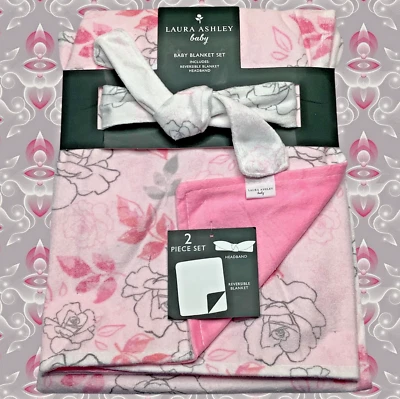 NEW Laura Ashley Flowers Floral Baby Blanket and Headband 2 pc Set Mink Minky - Image 1 of 4