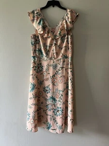 LOFT Outlet Size M Dress Peach Turquoise Floral V-Neck Ruffle Sleeves Midi - Picture 1 of 6