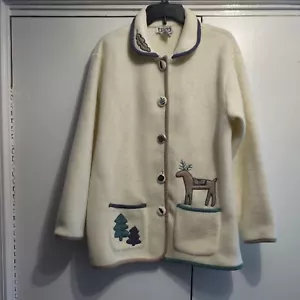 Vintage Trees Deer Button Up Fleece Jacket Teddi Soft Embroidered Buttons - Picture 1 of 11