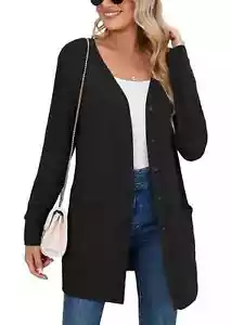 Showmall Women's Lightweight Long Sleeve V-Neck Button Down Cardigan BLACK LARGE - Picture 1 of 11