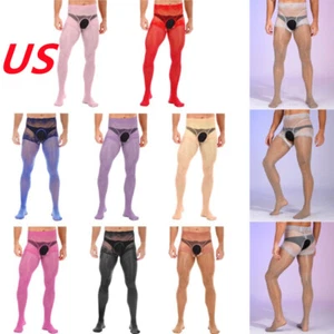 Men's Lace Oil Silk Pantyhose Hollow Out Stockings Tight Pants Underwear - Picture 1 of 70