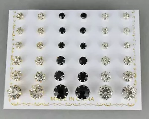 18 pair round faceted stud post crystal earrings graduated size Clear Black - Picture 1 of 10