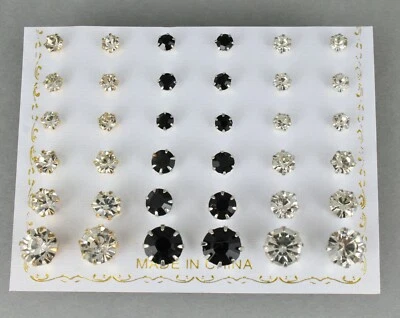 18 pair round faceted stud post crystal earrings graduated size Clear Black - Image 1 of 4