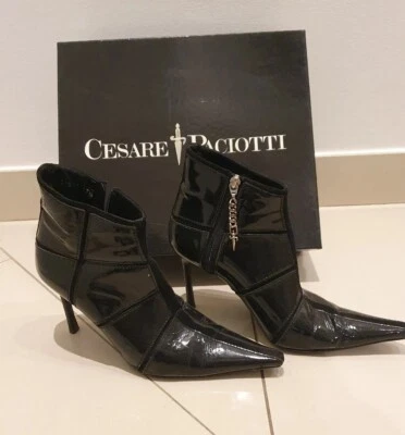 Cesare Paciotti Size 37.5 Black Patent Leather Stiletto Zip Ankle Boots in Box - Image 1 of 4