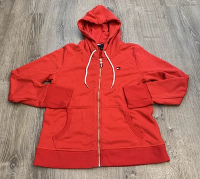 Tommy Hilfiger Hoodie Full Zip Jacket Women’s Medium Gold Zipper Embroidered Red - Image 1 of 4