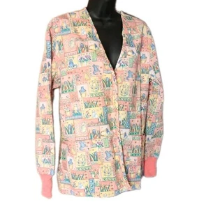 Crest Uniform Medical Scrub Jacket Small Pink Cats Playing In Flower Pots - Picture 1 of 14