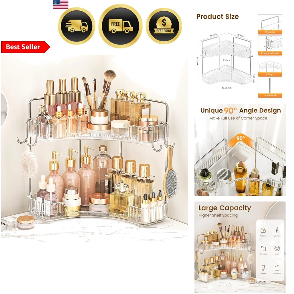 Organizador de baño de esquina de almacenamiento de encimera de 2 niveles con ganchos que ahorran espacio Foto 1 de 4