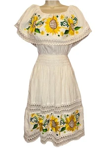 Mexican Peasant Off Shoulder Embroidered Floral White Dress Sunflowers Lace M - Picture 1 of 11