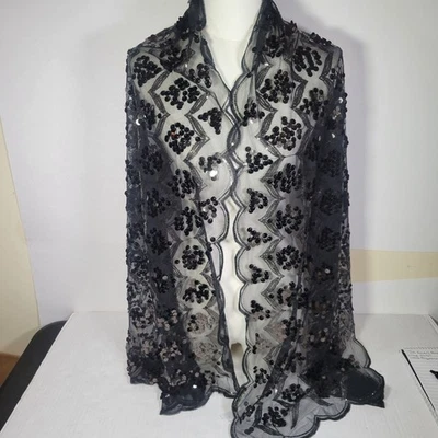 Шарф-шаль Joan Rivers черный элегантный с бриллиантами блестками украшенный прозрачным запахом  - Изображение 1 из 4