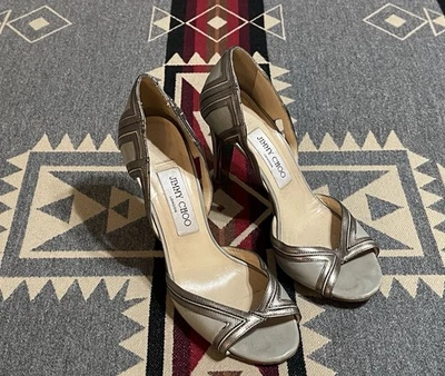Jimmy Choo Tacones Peep Toe Plateados Metálicos Cuero Mujer’s 37 Italia Foto 1 de 4