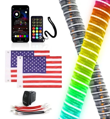2X 1-4FT ATV UTV COB LED Fat Whip Lights RGB Spiral Chasing App & Remote Control - Image 1 of 4
