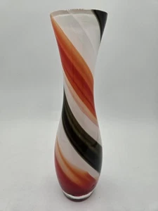 Vintage Nasco Japan Opaline Red Orange White Black Swirl Glass Bud Vase 8" - Picture 1 of 6