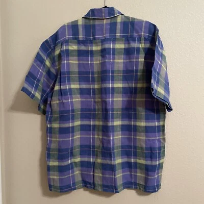 Alan Flusser Plaid Linen Shirt Men Large Blue Purple Short Sleeve Beach Casual - Image 1 of 4