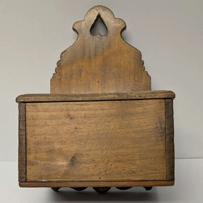 Primitive Antique Wood Wall Mount Salt Pantry Box Wire Hinged Lid Heart - Image 1 of 4