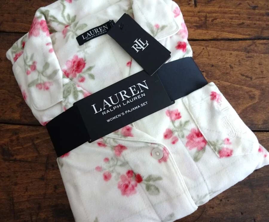 JUEGO DE 2 PIEZAS PIJAMAS DE MUJER RALPH LAUREN ROSA CREMA ROSA FLORAL POLAR Foto 1 de 1