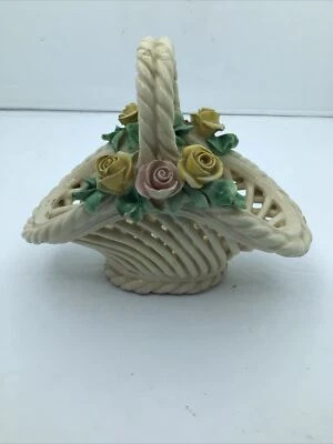 Vintage Italy Porcelain Basket Applied Flowers with Handle - image 1 of 4
