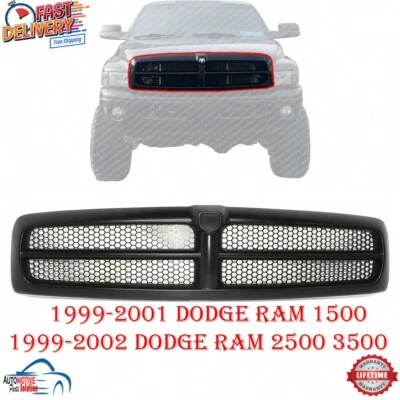 NEW FRONT GRILLE ASSEMBLY BLACK PLASTIC FOR 1999-2002 DODGE RAM 2500 3500 PICKUP - Image 1 of 4