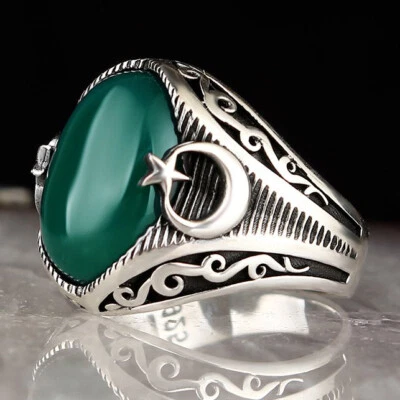925 Sterling Silver Turkish Moon Star Oval Green Agate Stone Men's Ring - Image 1 of 4