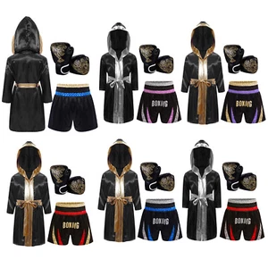 Kids Boys Set Satin Outfit Muay Thai Suit Belted Long Sleeve Kickboxing Robe - Picture 1 of 66