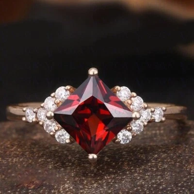 Anel de casamento corte princesa 3,36 quilates granada natural e diamante ouro rosa sólido 14K - Imagem 1 de 4