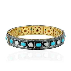 Natural Turquoise & Rose Cut Polki Diamond Bangle Victorian Jewelry 925 Silver - Picture 1 of 6