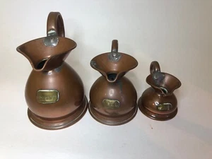 Antique Victorian Copper Measuring Jugs. Half Pint, Gill, Half Gill. - Picture 1 of 7