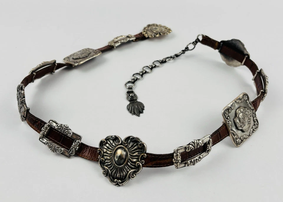 Cinturón de cuero marrón medallón camafeo plata Brighton vintage 1993 talla S Foto 1 de 4