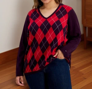 Tommy Hilfiger Womens Argyle V Neck Sweater Aubergine Chili Pepper Size 2X NWT - Picture 1 of 2