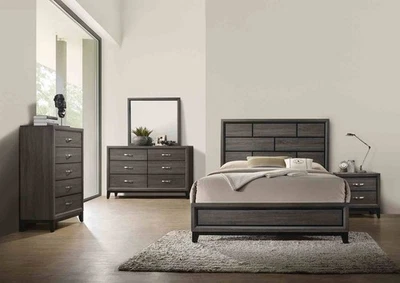 Eastern King Size 5pc Bed Set Panel HB Two Tone Design Wooden Legs Gray Finish - Image 1 of 4