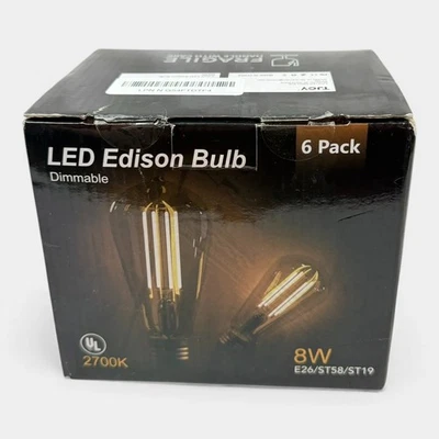 LED Edison Bulbs 6 Pack Dimmable 8W 2700K Warm White ST58 ST19 E26 Base - NOB - Image 1 of 4