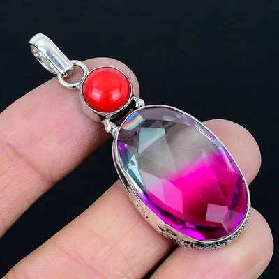 Bi-Colore Tormalina, Corallo Rosso Gemma 925 Argento Sterling Ciondolo Gioielli - Immagine 1 di 4