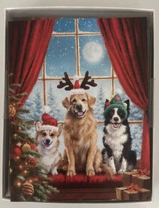 12 CHRISTMAS Leanin Tree Cards Box Set, DOGS SITTING ON WINDOW BENCH W/ HATS ON - Picture 1 of 2