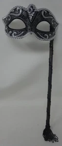 BLACK & SILVER VENETIAN MASQUERADE PARTY CARNIVAL BALL PROM EYE MASK ON A STICK - Picture 1 of 3