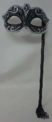 BLACK & SILVER VENETIAN MASQUERADE PARTY CARNIVAL BALL PROM EYE MASK ON A STICK - Image 1 of 3