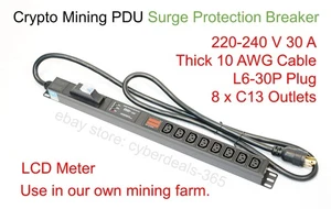 LCD Metered Crypto Mining PDU 240V 30A 6 ft L6-30P 8xC13 Breaker Surge Protect - Picture 1 of 7