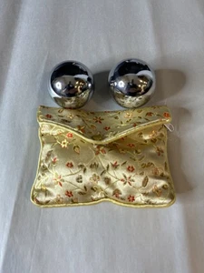 Pair Vintage Chrome Baoding Balls Musical Chime Silver in Silk-like Pouch - Picture 1 of 6