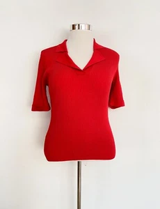 REVIEW red crepe rib-knit short sleeve slim collared top / sz 14 - Picture 1 of 7