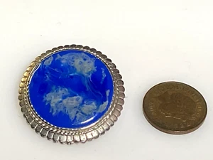 Vintage Brooch Signed Exquisite Round Silver Metal Marbled Blue 1950' - Picture 1 of 6