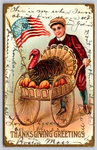 Postal Patriótica Acción de Gracias Saludos Niño con Pavo de Acción de Gracias - Imagen 1 de 2