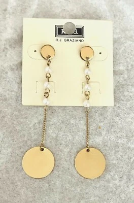 NUEVO CON ETIQUETAS RJG R. J. Graziano Tono Dorado Imitación Perla Disco Pendientes Colgantes 3" Largo Foto 1 de 2
