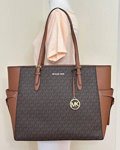 Michael Kors Gilly Travel MK Brown Large Drawstring Top Zip Tote  Shoulder BAG - Picture 1 of 12